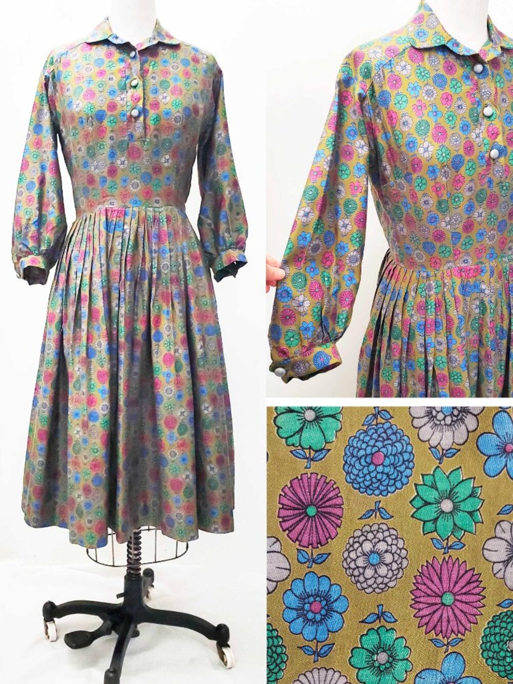 Henry Rosenfeld Womens Vintage 50s Cotton Floral Print Olive Green Dress